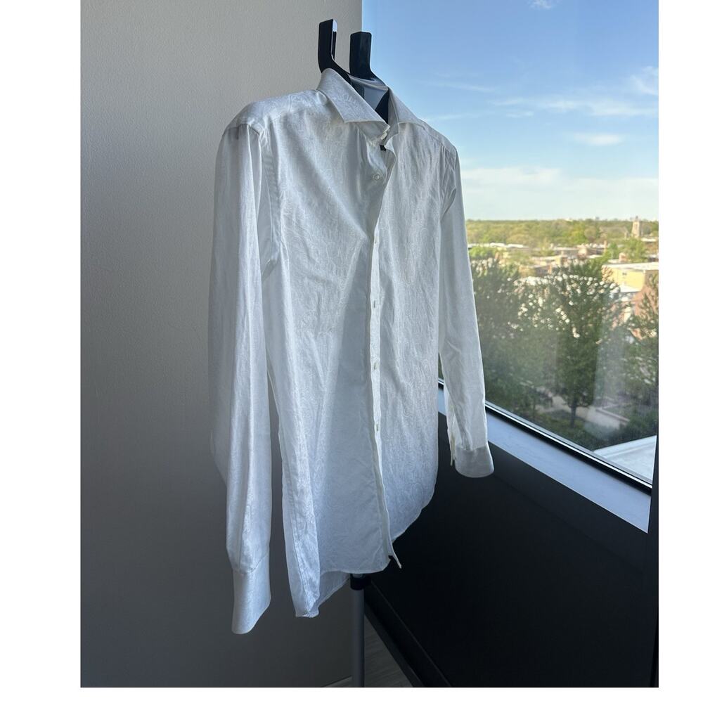 Bugatchi Uomo Men's White Paisley Cotton Dress Shirt Size 15 32/33